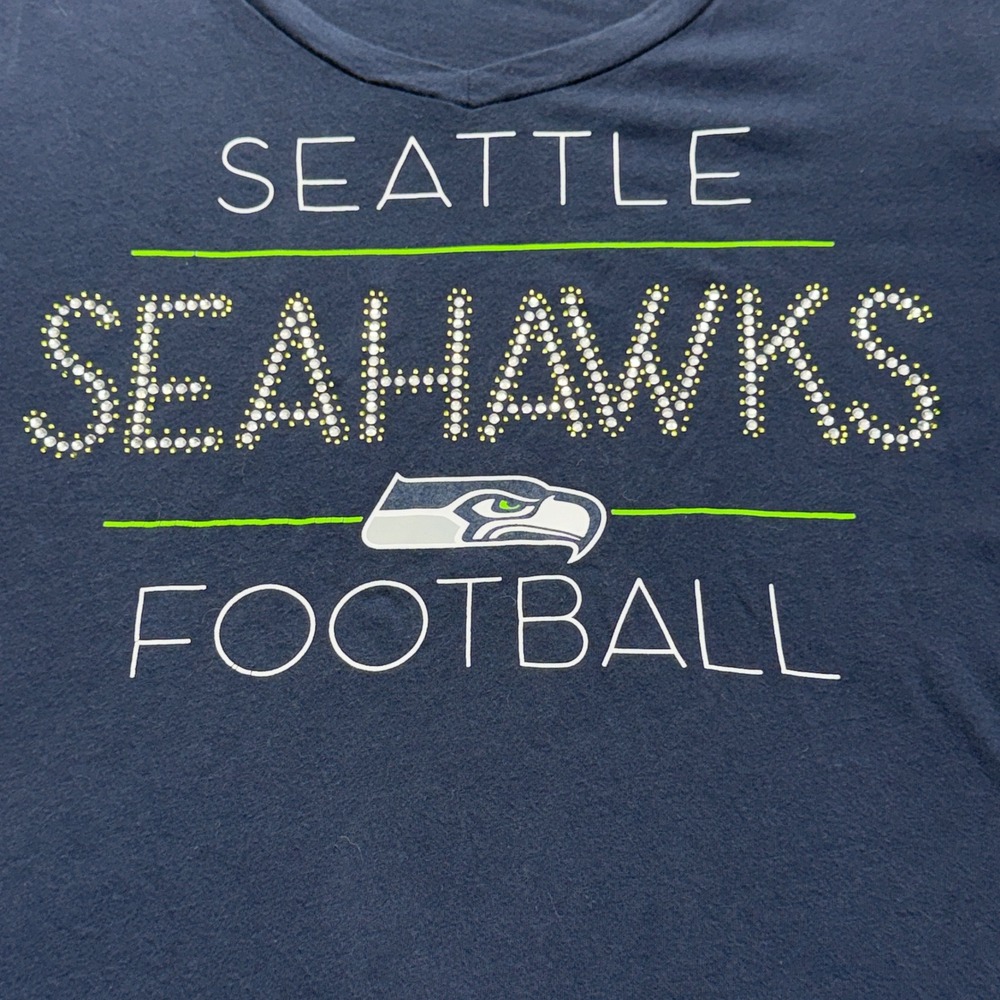 NFL Team Apparel Tee Womens XL Navy Seattle Seahawks Football Rhinestone V-Neck